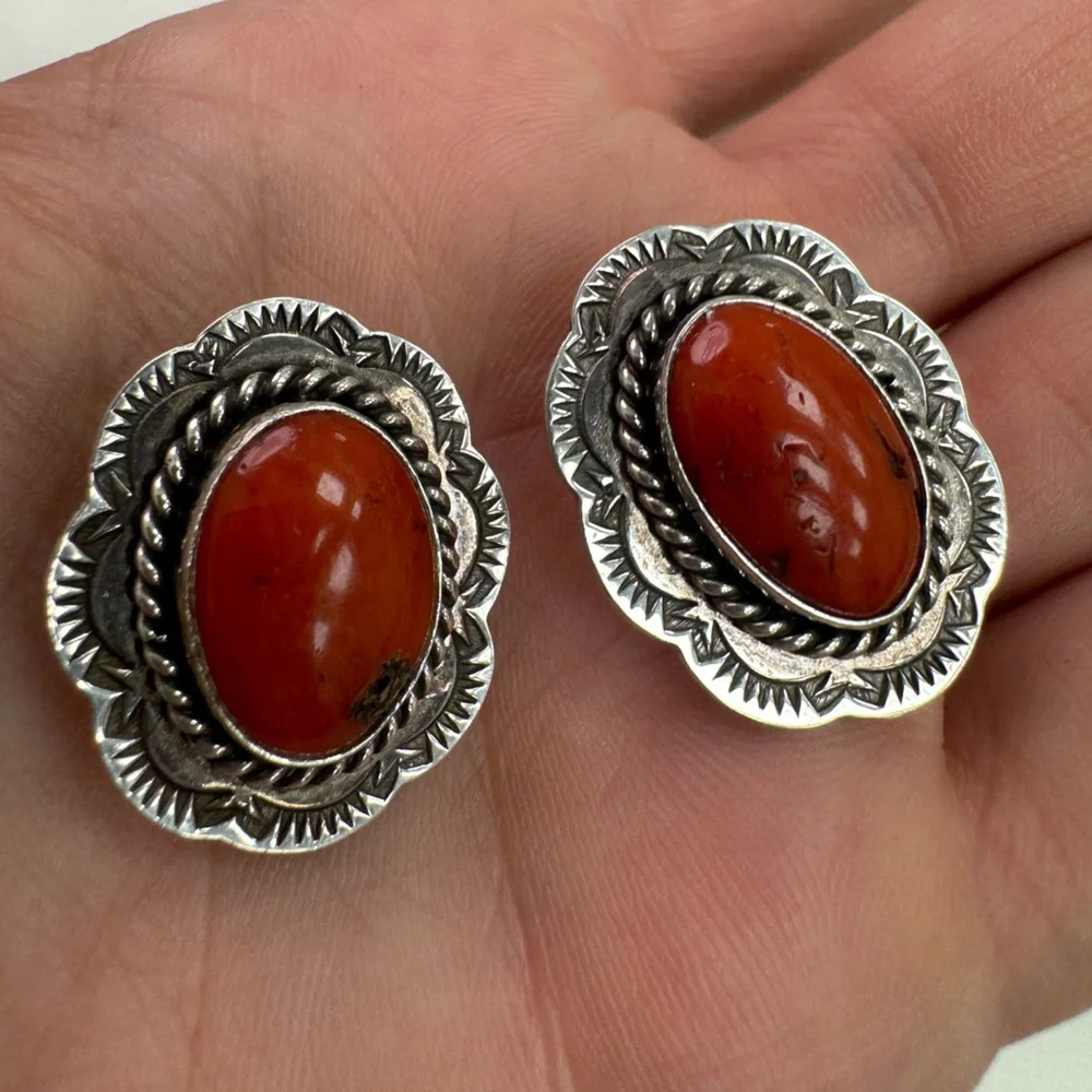 Navajo J. Slifka 925 Sterling silver and coral clip on earrings 11.7g